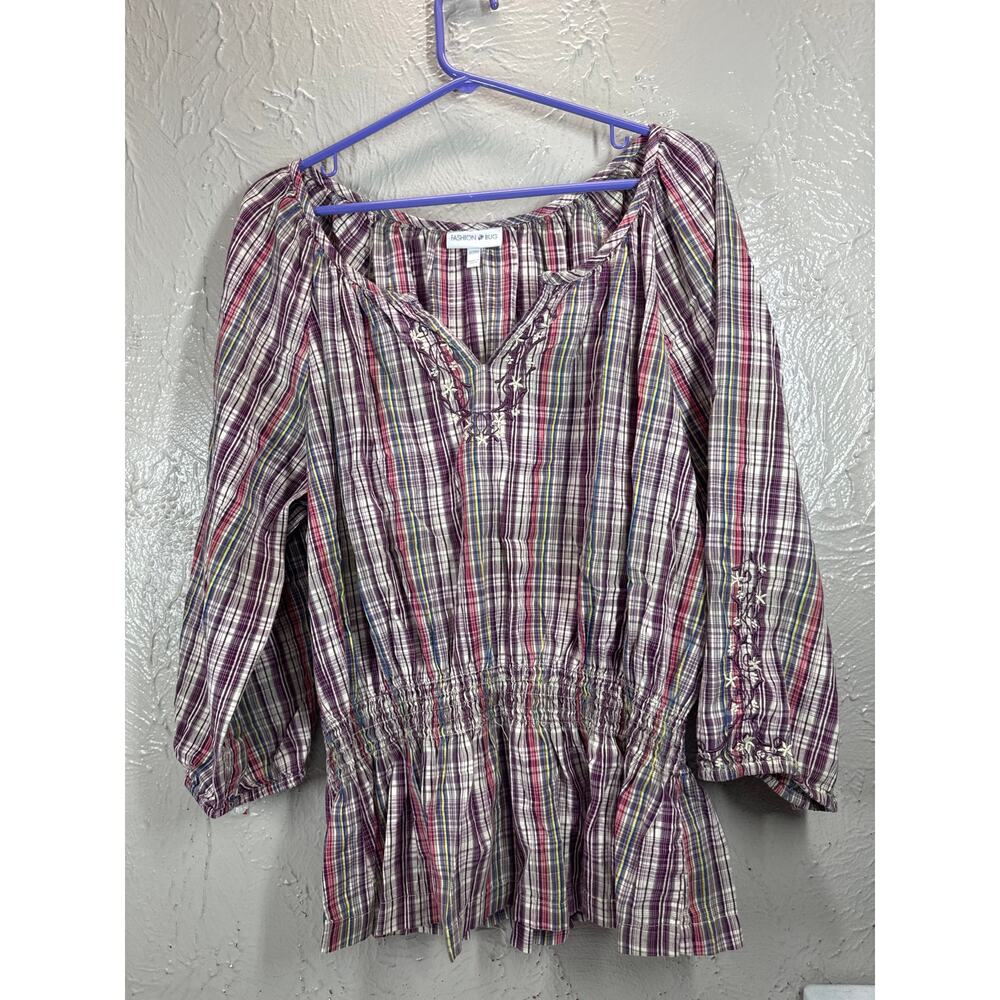 Fashion Bug Plaid‎ Womens 3/4 Sleeve Top Shirt Smocked Waist Plus Size 18/20W